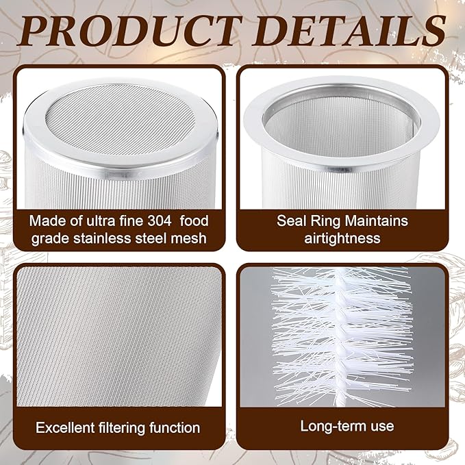 Cold Brew Coffee Filter for 128 oz Mason Jar Fine Mesh Reusable 304 Stainless Steel Food Grade Cold-brew Strainer with Sealing Ring for Iced Drink Fruit Tea Cold Brew Coffee Maker