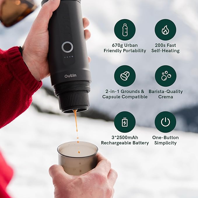 OutIn Nano Portable Electric Espresso Machine with Fino Portable Electric Coffee Grinder, Brown & White