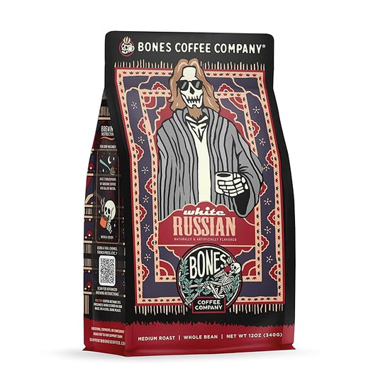 Bones Coffee Company White Russian, Cream and Cocktail Flavored Coffee, Medium Roast Low Acid Arabica Beans Compatible with Auto drip and French Press Coffee Maker, 12 Oz Whole Bean