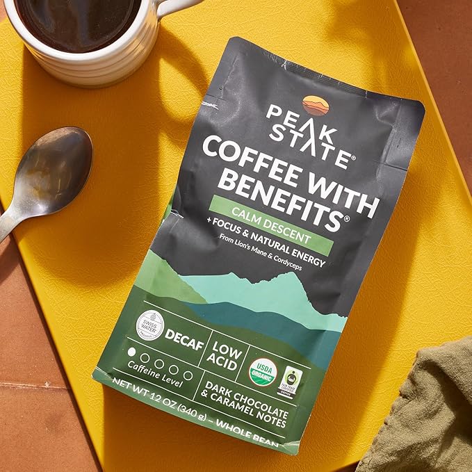 Organic Decaf Coffee Beans – Calm Descent Swiss Water Process Decaf with Lion’s Mane & Cordyceps – Mushroom Coffee Decaf, Organic, Mold-Free, Pesticide-Free, Non-GMO, Low-Acid (12 oz Whole Bean – $1.13/cup)