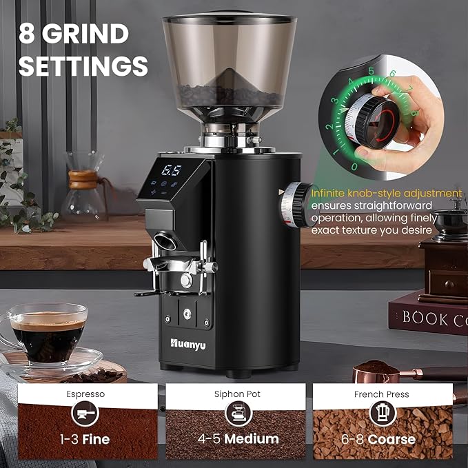 Huanyu Coffee Grinder Commercial with Touchscreen Control, Reinforced 35oz Hopper (40% Thicker), 8 Grind Settings, 64mm Flat Burr and Dual Dosing, For Coffee Shops and Home Use