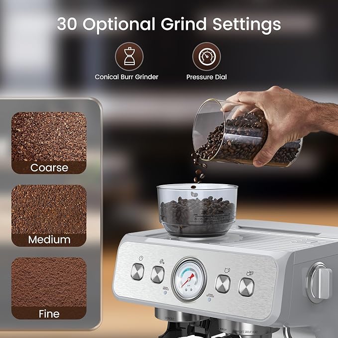 20 Bar Espresso Machine with Grinder & Milk Frother Steam Wand, 58mm Stainless Steel Coffee Maker, Expresso Coffee machines for Home and Café Use, Perfect for Cappuccino and Latte