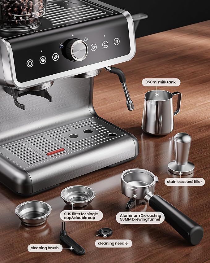 Coffee Maker with Grinder, 30 Settings & 20 Bar Pump, Espresso Machine with 58mm Portafilter & Milk Frother for Cappuccino or Latte