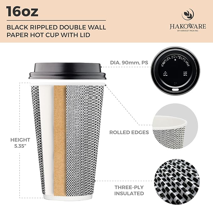 [85 SET]Harvest Pack 16 oz Disposable Coffee Cups, Insulated Ripple Double-Walled Paper Cups with Lids, Black and White Geometric, Drinking Cups for Tea Hot Chocolate Drinks To go coffee cups