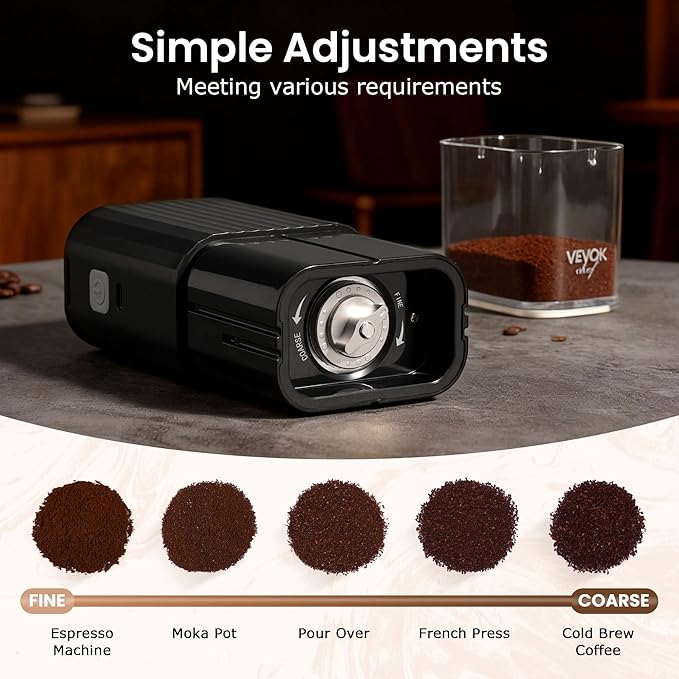 VEVOK CHEF Portable Mini Electric Coffee Grinder,Adjustable Stainless Steel Burr Coffee Bean Mill,One-Button Grinder with USB Rechargeable,Auto‑Stop for Espresso to French Press,for Outdoor Use(Black)