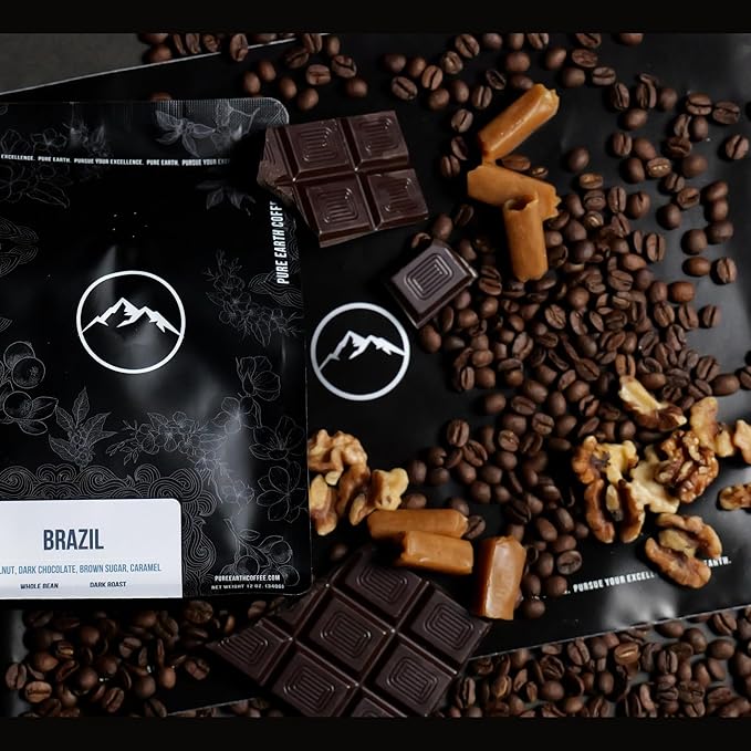 PURE EARTH COFFEE CO. Whole Bean Coffee, Brazil Single-Origin Beans, Dark Roast, Bold Gourmet Specialty Grade Coffee, Chocolate, Walnut, Bold and Smooth Flavor Notes 12oz