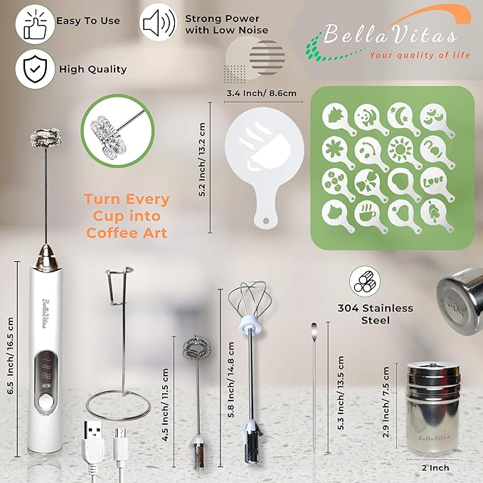 BellaVitas Milk Frother Handheld Rechargeable 3-Speed Electric Frother Wand Whisk Foam Maker Drink Mixer with Stand, 2 Whisks, Spice Shaker, Art Stencils, Art Pen for Coffee Latte, Cappuccino, White