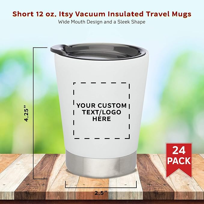 Personalized 12 oz. Itsy Vacuum Insulated Travel Mugs - 24 Pack - Custom Text, Logo - White