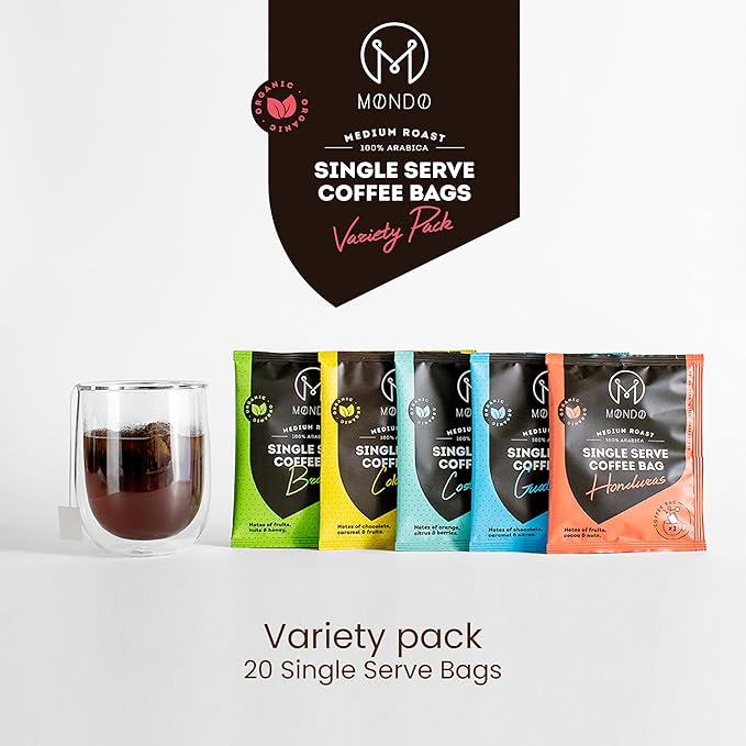 Mondo Single Serve Coffee Bags (20 Cups) Variety Pack - Organic, Medium Roast - Disposable, Portable Coffee Filters for Camping and Travel, Sampler Box of 5 Ground Coffee Flavors