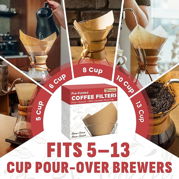 Pre-Folded Unbleached Cone Coffee Filters – Premium Canadian-Imported Thick Paper, Compatible with Chemex Pour-Over Brewers (80 Filters)