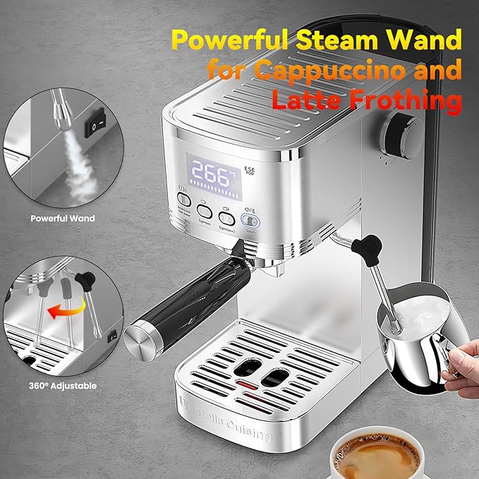 Espresso Machine 20 Bar, Stainless Steel Espresso Maker with Steam Milk Frother,Expresso Machine for Home Temperature Control and LED Display, Coffee Machine for Cappuccino, Latte, Americano
