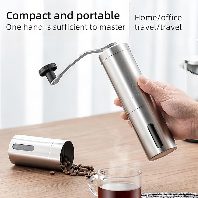 Stainless Steel Handheld Coffee Grinder Manual Coffee Mill Portable Compact Design Ceramic Burr Adjustable Coarseness Easy Clean for Home Office Travel Coffee Lovers (Silicone (Tall))
