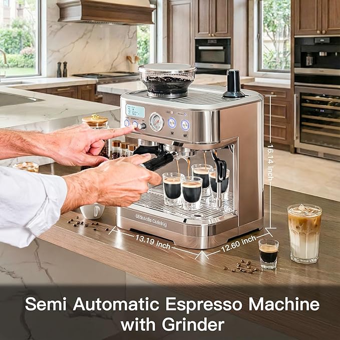 Espresso Machine with Grinder, Stainless Steel Coffee Maker with 58MM Portafilter & Milk Frother, Barista Coffee Machine for Cappuccino, Latte, Expresso Machines for Home