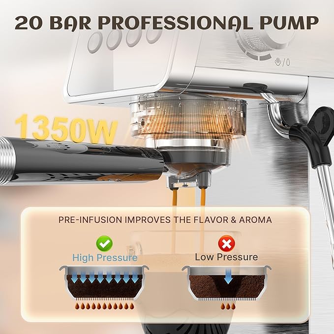 Espresso Machine with Steam Milk Frother, 20 Bar Professional Espresso Coffee Maker for Latte & Cappuccino, 1-Touch Control, Stainless Steel Housing, Removable Water Tank & Drip Tray