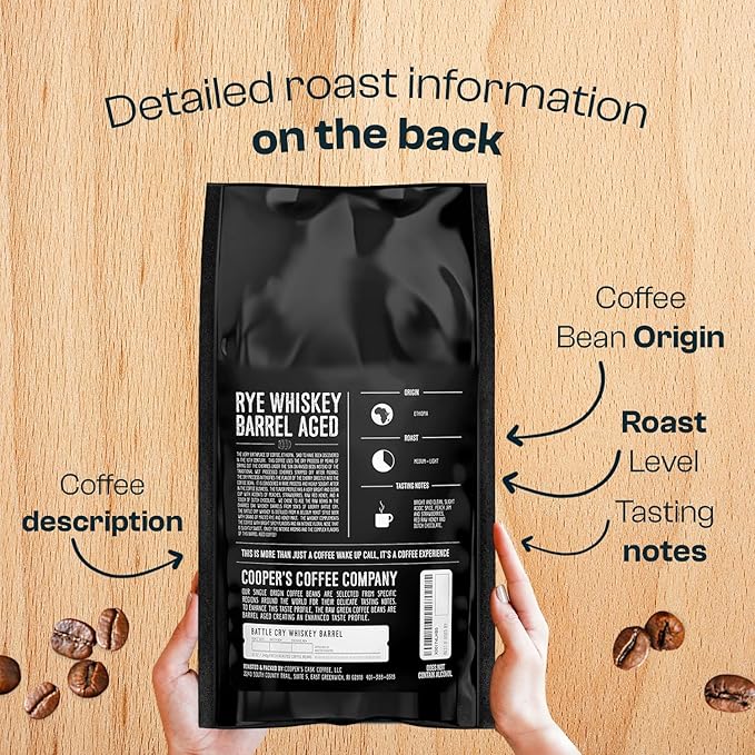 Rye Whiskey Barrel Aged Coffee, Single Origin Ethiopian Coffee Raw Beans Aged in Rye Whiskey Casks, Freshly Roasted, Battle Cry Whiskey, 5lb Bags, Whole Beans