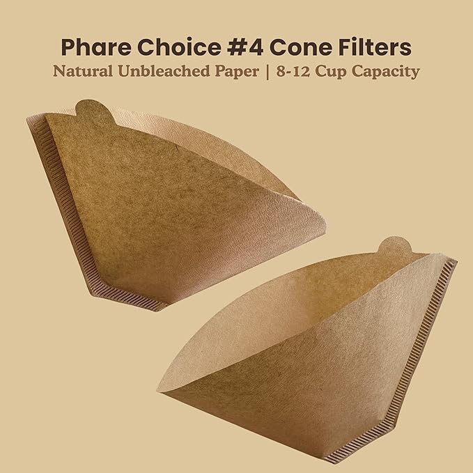 Phare Choice #4 Coffee Filters, 100 Count, Fits Ninja and Cuisinart 8-12 Cup Coffee Makers, Natural Unbleached Paper, No Blowout Design, Compatible with Pour Over Cones