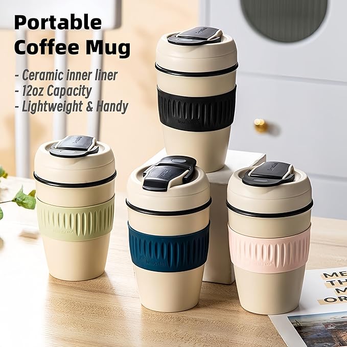 12oz Portable Vacuum Insulated Coffee Mug with Ceramic Inner, for Coffee, Flower Tea, Milk & Juice, Dual - Drinking, Leak - Proof (Green)