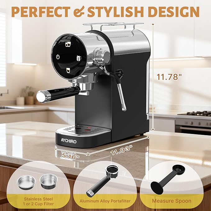 Espresso Machine, Touch Screen Control 20 Bar Espresso Coffee Maker with Steam Milk Frother for Latte & Cappuccino, Removable Water Tank, Modern Black Design