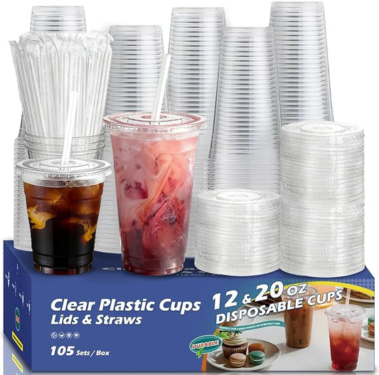 105 Packs Clear Plastic Coffee Cups with Lids and Straws,12oz+20oz Leakproof Disposable Clear Cups,To Go Drinks Cups For Iced Coffee,Cold Brews,Smoothies