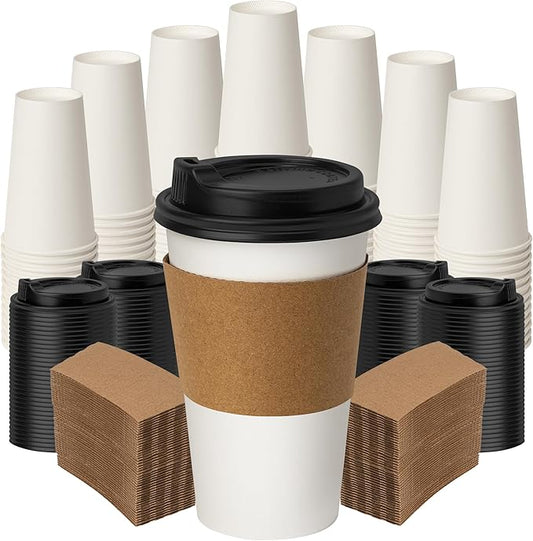 16 oz 500 Pack Disposable Coffee Cups with Lids & Sleeves, White Paper To Go Cups for Hot Beverages, Leak Proof, Coffee Shop Quality