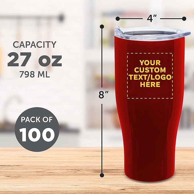 Custom Stainless Steel Grip Travel Mugs 27 oz. Set of 100, Personalized Bulk Pack - Perfect for Coffee, Soda, Other Hot & Cold Beverages - Red