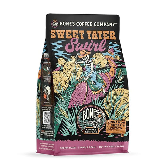 Bones Coffee Company Sweet Tater Swirl, Cinnamon Sweet Potato Flavored Coffee, Medium Roast Low Acid Arabica Beans Compatible with Auto drip and French Press Coffee Maker, 12 Oz Whole Bean