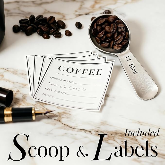 Coffee Storage Container - Airtight Vacuum Coffee Canister with Scoop and Label - Matte Black Canister Holds 1.2 lbs Beans or 1.5lbs Grounds, Dual-Lid Freshness System - Perfect for Gifting