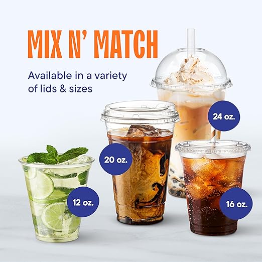 12 oz Clear Plastic Cups with Straw-Slot Lids [100 Sets] PET Crystal Clear Disposable 12oz Plastic Cups with Lids - Crystal Clear, Durable Cup. BPA Free + Crack Resistant, for Coffee, Juice, Shakes