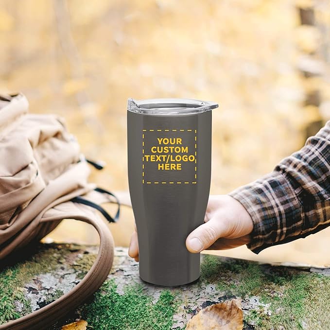Custom Stainless Steel Grip Travel Mugs 27 oz. Set of 100, Personalized Bulk Pack - Perfect for Coffee, Soda, Other Hot & Cold Beverages - Smoke