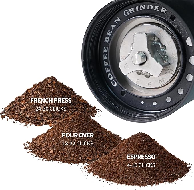 Portable Manual Coffee Grinder – Effortless 7 CNC420 High-Carbon Steel Burrs, Uniform 20 μm Grind, Full Aluminum Body & Tinted Glass Jar, 25 g capacity for travel (Black)