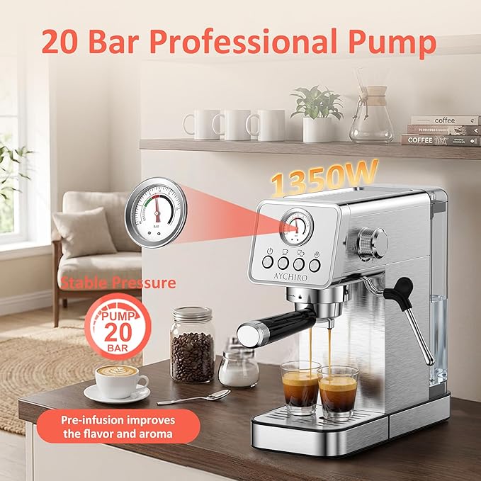 Professional Espresso Machine with Pressure Gauge, 20Bar Touchscreen Single Serve Coffee Maker, Stainless Steel, Milk Frother Wand, Cup Warmer for Home Barista