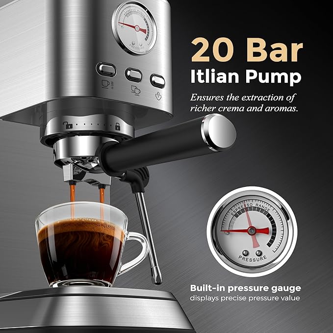 Espresso Coffee Machine, 20 Bar Espresso Maker with Milk Frother, Hot Espresso & Cold Brew, 50 oz Water Tank, Visible Pressure Gauge, Compact Design for Counter
