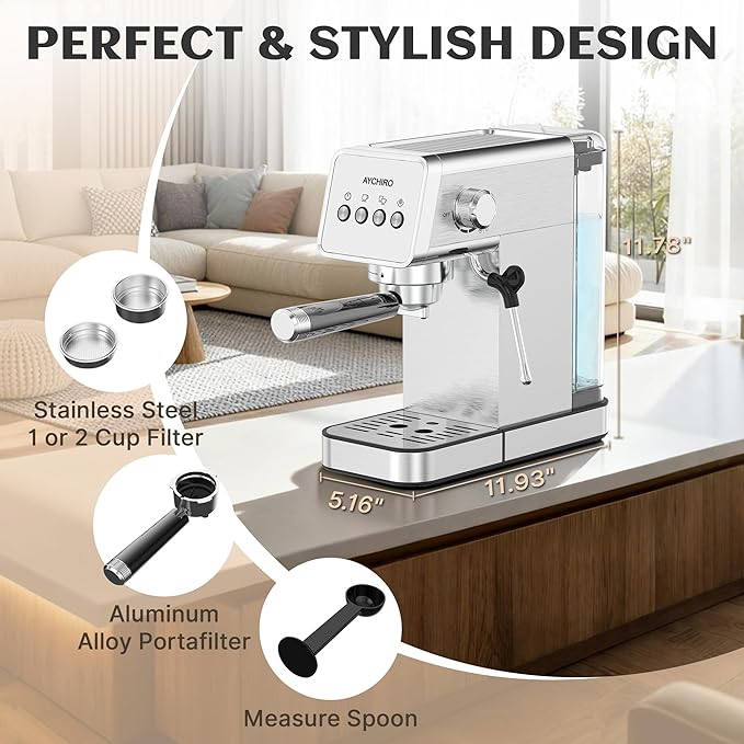 Espresso Machine with Steam Milk Frother, 20 Bar Professional Espresso Coffee Maker for Latte & Cappuccino, 1-Touch Control, Stainless Steel Housing, Removable Water Tank & Drip Tray