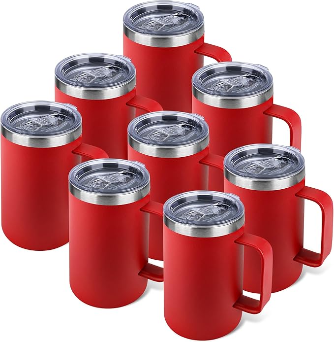 Zynkify 22oz Insulated Coffee Mug with Handle & Leak-Proof Lid - Double Wall Stainless Steel Travel Tumbler Bulk for Commute/Office/Home, Red, 8 Pack