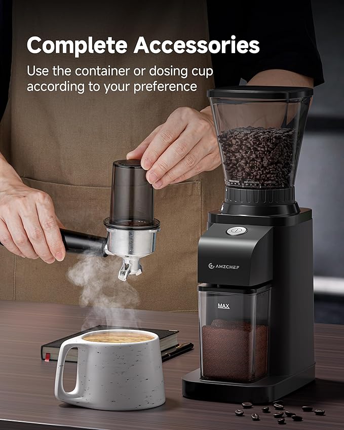 Anti-Static Espresso Grinder with Self-Cleaning Burrs & 47 Settings,Coffee Grinder featuring Anti-Static & Low-Residue design for home use, complete with storage box and dosing cup