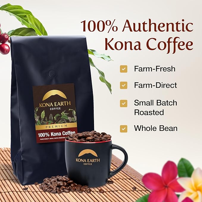 KONA EARTH 100% Kona Premium Coffee, Dark Roast, Whole Bean, 5 lb (80 oz) Farm-Direct Authentic Hawaiian Kona Coffee beans from Hawaii’s Big Island, Micro-Batch-Roasted