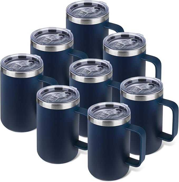 Zynkify 22oz Insulated Coffee Mug with Handle & Leak-Proof Lid - Double Wall Stainless Steel Travel Tumbler Bulk for Commute/Office/Home, Navy Blue, 8 Pack