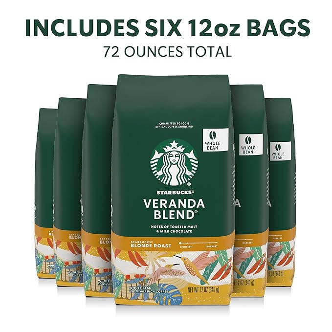 Starbucks Whole Coffee Beans, Starbucks Blonde Roast Hot or Iced Coffee, Veranda Blend, Six 12 oz Bags