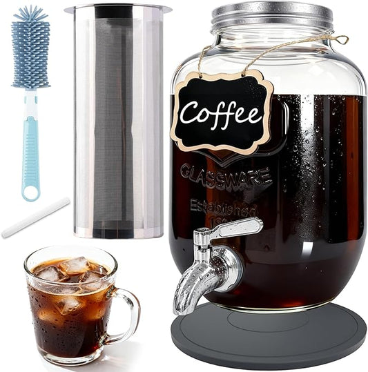 Cold Brew Coffee Maker With Silicone Mat, Cold brew pitcher,1 Gallon Glass Pitcher with Stainless Steel Filter,304 stainless steel leak-proof Spigot,Large Iced Coffee Maker for Home, Easy to Use