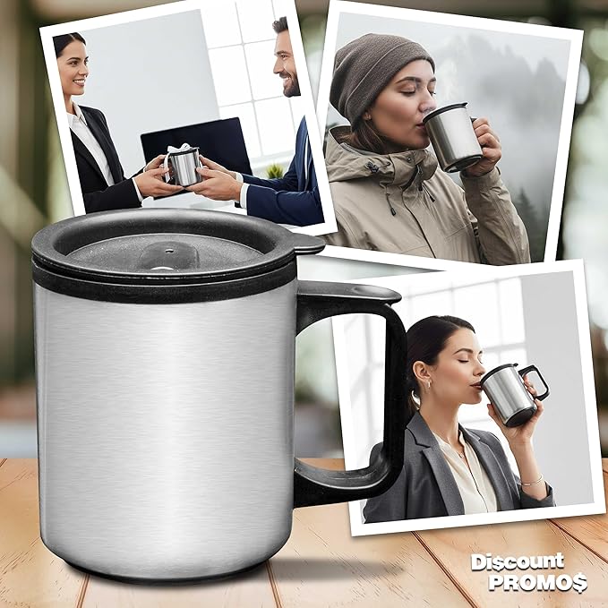 DISCOUNT PROMOS Stainless Steel Travel Mugs with Handle 12 oz. Set of 10, Bulk Pack - Perfect for Coffee, Soda, Other Hot & Cold Beverages - Stainless Steel