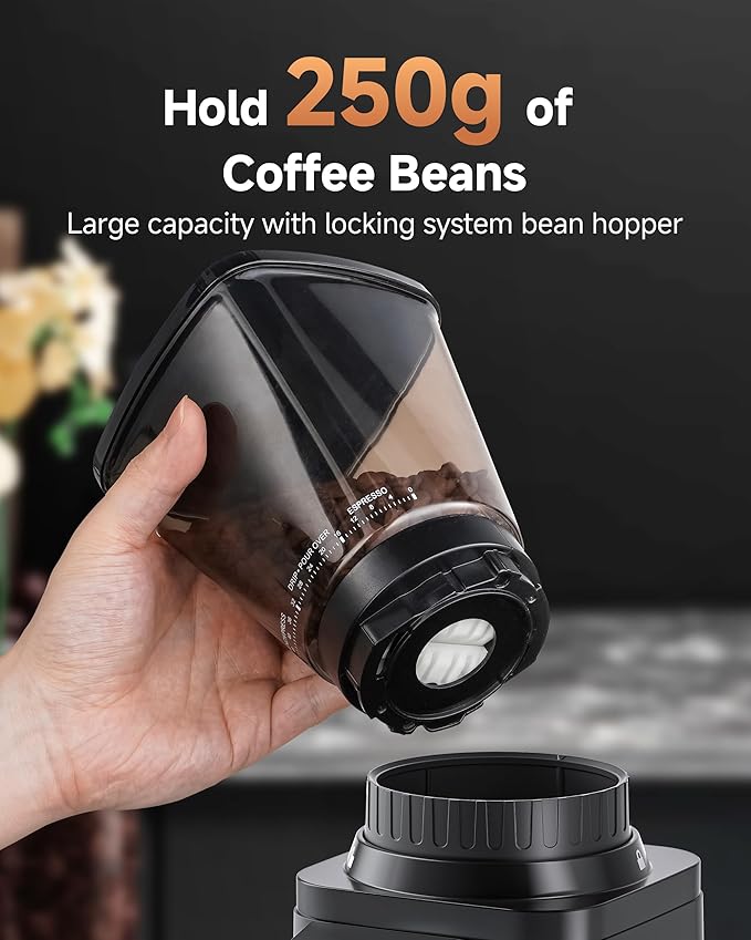 Anti-Static Espresso Grinder with Self-Cleaning Burrs & 47 Settings,Coffee Grinder featuring Anti-Static & Low-Residue design for home use, complete with storage box and dosing cup