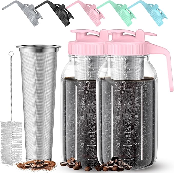 AHOMSEL Cold Brew Coffee Maker Jar - 2 Pack 64 oz Glass Cold Brew Maker with Handle, Stainless Steel Filter & Leak-Proof Lid, Heavy Duty Cold Brew Pitcher for Iced Coffee, Sun Tea, and Milk