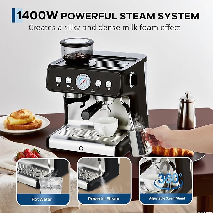 20-Bar Espresso Coffee Machine with Built-In Grinder, 2.8L Removable Tank, Adjustable Shot Volume & Steam Wand, Stainless Steel Coffee Maker for Home or Office