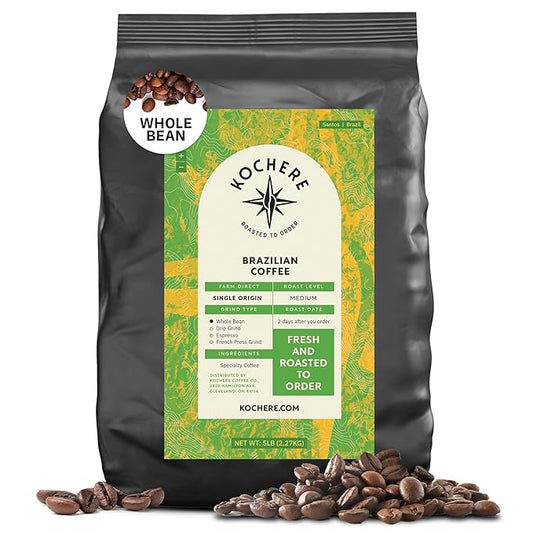 Brazilian Santos Medium Roast Coffee Beans - Single Origin Arabica Coffee Beans, Freshly Roasted to Order, Whole Bean Coffee Low Acid with Smooth Cocoa Notes, Specialty Grade and Fair Trade - 5LB