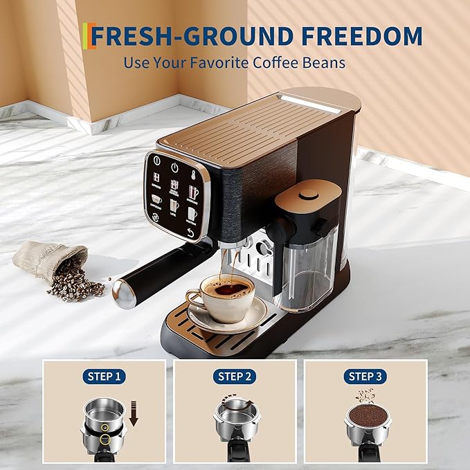 GarveeHome 20 Bar Professional Espresso Machine Compact, Espresso Machine with Milk Frother and Touchscreen, Espresso Coffee Machines with Adjustable Temperature, for Office, Homes, and Coffee Shop