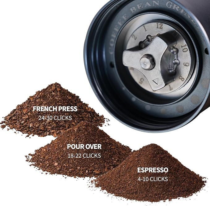 6-Burr Manual Coffee Grinder – Easy-Use CNC420 High-Carbon Steel, Gray Aluminum Body & Glass Jar, 25 g Capacity, Slim design for travel