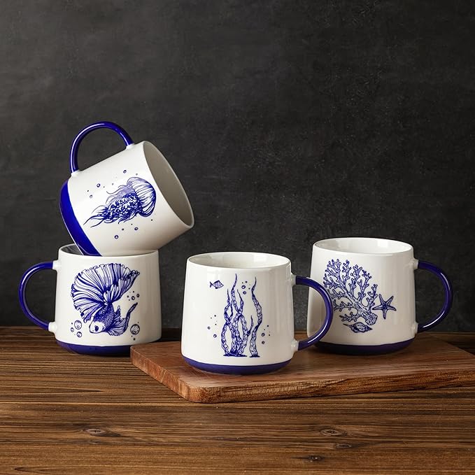 AmorArc Large Coffee Mugs Set of 4, 16oz Ceramic Coffee Cups with Sea Life Patterns for Tea Latte Cocoa. Easy to Hold&Clean, Dishwasher&Microwave Safe, Blue&White