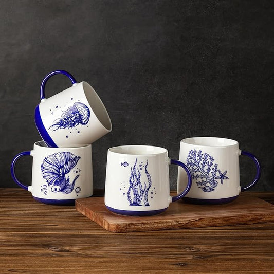 AmorArc Large Coffee Mugs Set of 4, 16oz Ceramic Coffee Cups with Sea Life Patterns for Tea Latte Cocoa. Easy to Hold&Clean, Dishwasher&Microwave Safe, Blue&White