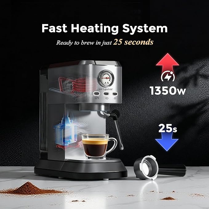 Espresso Coffee Machine, 20 Bar Espresso Maker with Milk Frother, Hot Espresso & Cold Brew, 50 oz Water Tank, Visible Pressure Gauge, Compact Design for Counter