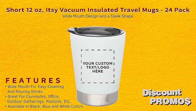 Personalized 12 oz. Itsy Vacuum Insulated Travel Mugs - 24 Pack - Custom Text, Logo - White